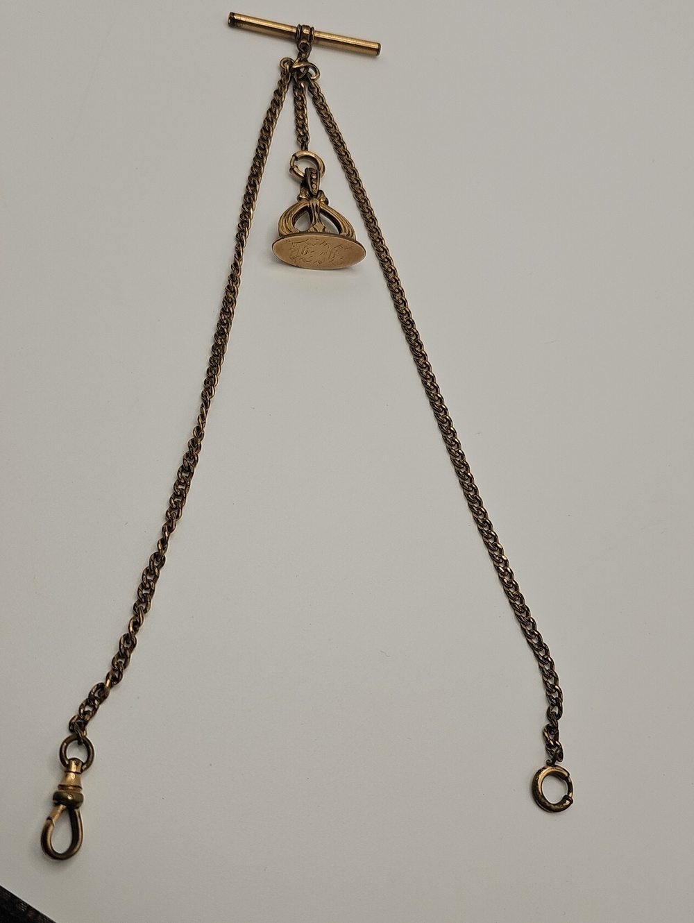 Vintage 10K Gold Watch Fob And T Bar With Gold Filled Chain.